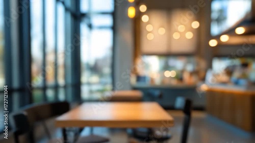 Contemporary cafe interior featuring soft-focus tables, large window views, and elegant bokeh