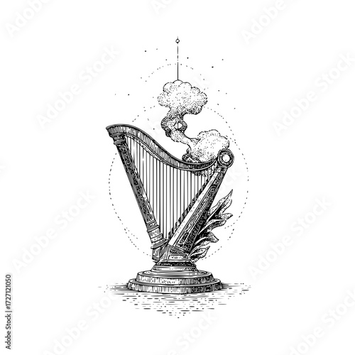 A detailed sketch of a harp with clouds emanating from it and leaves at the base on a white background