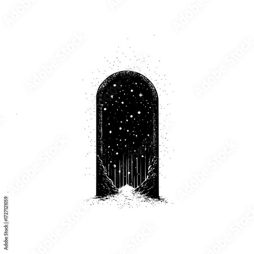Illustration of a dark arched doorway filled with stars leading to a bright light on a white background