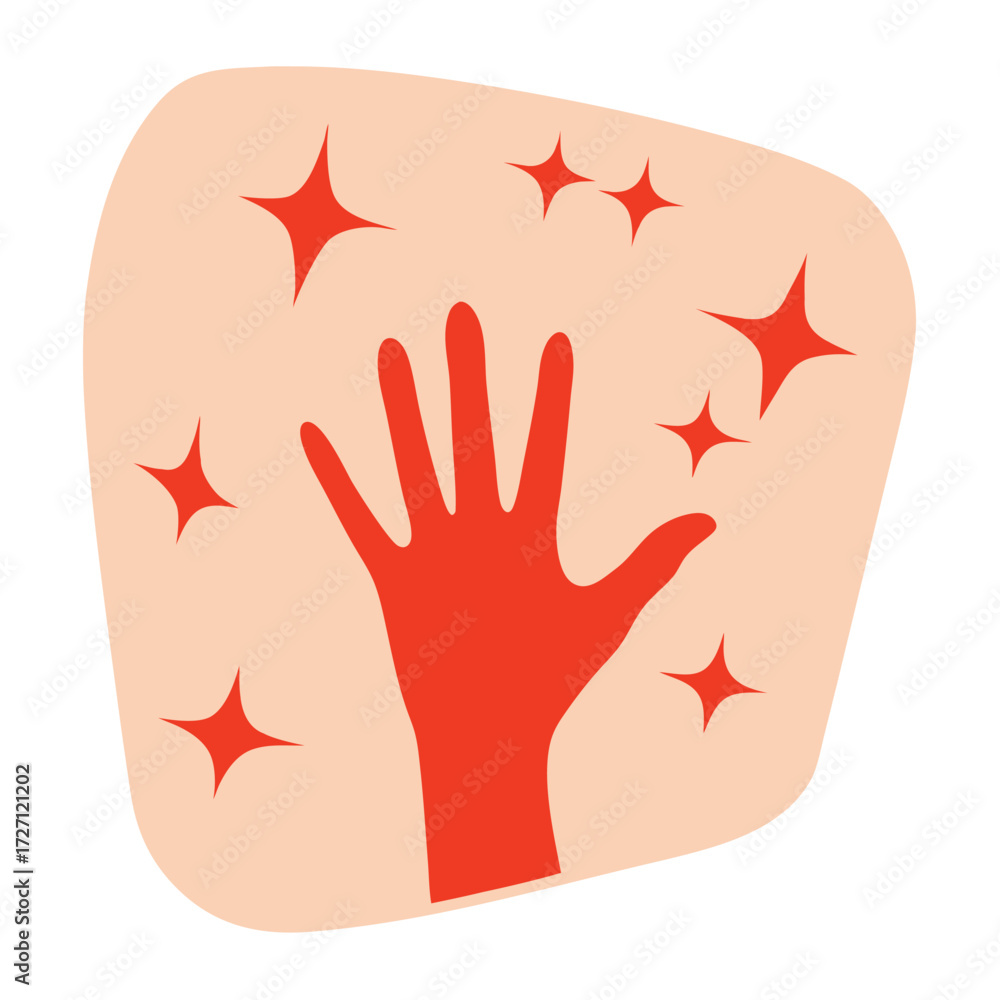Fototapeta premium Red silhouetted hand with orange stars on a peach background human