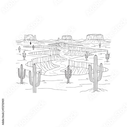 Desert Canyon Landscape Icon, Minimalist Line Art Vector of Arizona Buttes and Saguaro Cactus.
