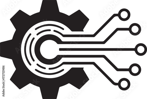 Black gear integrated with digital circuits and nodes cogwheel technology