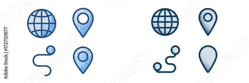 Icons representing global locations, mapping, and navigation tools displayed against a light background