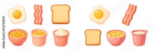 Delicious breakfast collection with eggs, bacon, toast, and bowls of cereals in bright colors