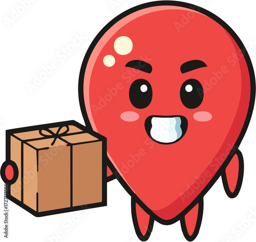 Cute Red Balloon Map Pin Character Holding a Gift Box.