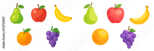 Colorful assortment of fruits including apples, pears, bananas, oranges, and grapes displayed in a vibrant arrangement