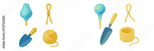 Creative tools for crafting and gardening displayed on a white background for art projects