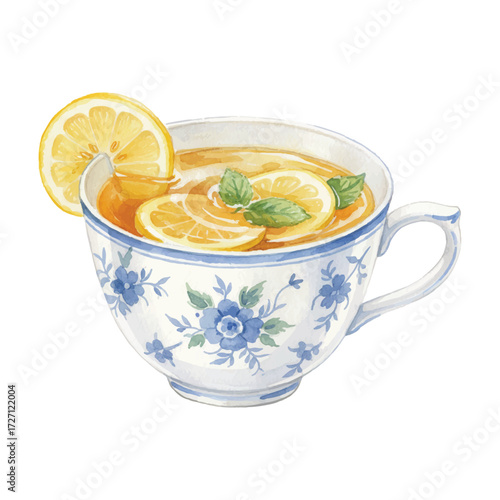 Watercolor Lemon Tea Cup Vector Illustration Isolated on White Background, Herbal Citrus Drink Clipart for Menu, Café, and Wellness Design