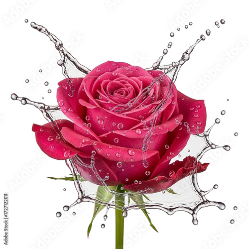 A vibrant red rose with water droplets splashing around it isolated on transparent background