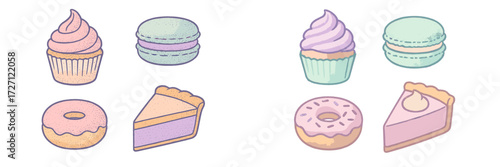 Colorful assortment of sweet pastries and desserts on a pastel background with cupcakes, macarons, and pie slices