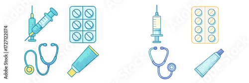 Medical tools and supplies including syringes, pills, and stethoscopes on a clean background for healthcare representation