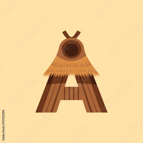 Stylized letter A made of wood and straw, resembling a hut.
