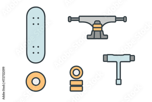 Skateboard parts and tools displayed on a flat surface for assembly and maintenance