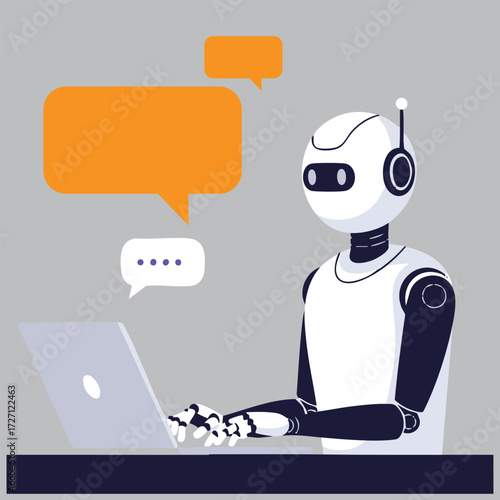 Robot typing on a laptop with speech bubbles isolated on white background