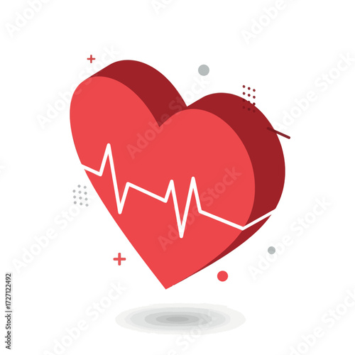 3D isometric heart symbol with a electrocardiogram heartbeat line, representing health and wellness