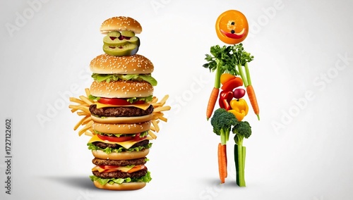 Comparison of an oversized burger tower and a healthy vegetable figure showing the contrast between junk food and nutritious options