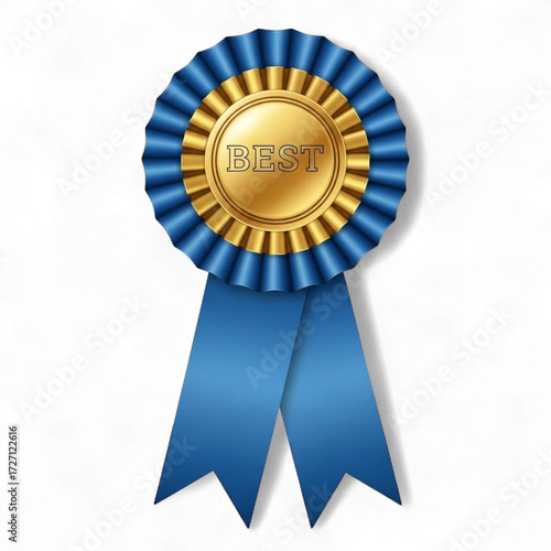 Blue and gold ribbon rosette award with the word best isolated on transparent background