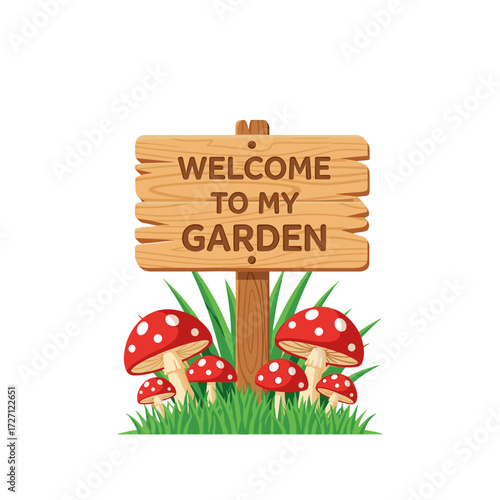 garden sign, wooden garden sign, welcome garden sign, rustic garden sign, garden welcome, outdoor sign, yard sign, wood sign, mushroom sign, red mushrooms, grass sign, garden decor, garden board, welc