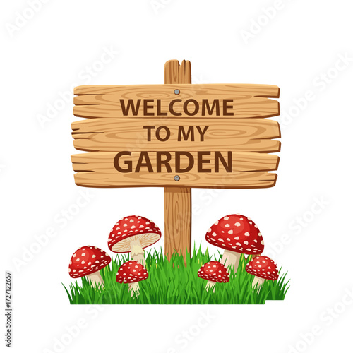 garden sign, wooden garden sign, welcome garden sign, rustic garden sign, garden welcome, outdoor sign, yard sign, wood sign, mushroom sign, red mushrooms, grass sign, garden decor, garden board, welc
