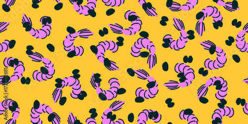 Seamless pattern with shrimps and dots. Vector stylish illustration, background, food print