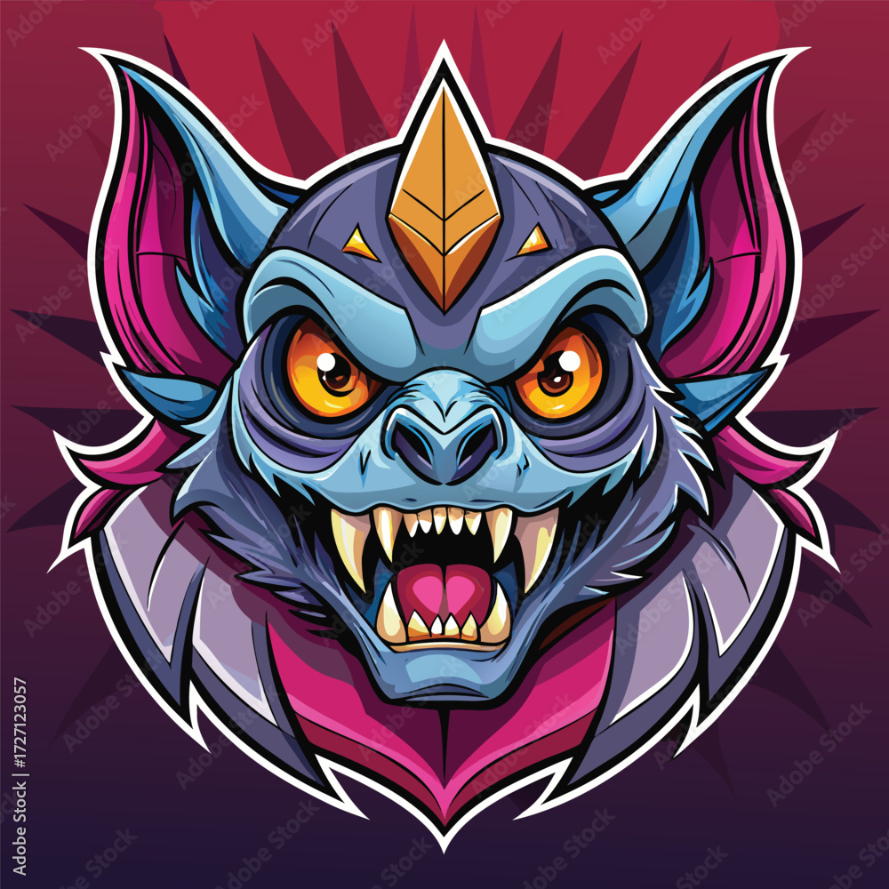 Fototapeta premium Intricate digital artwork features a menacing monster head with vibrant blue and pink hues, sharp fangs, intense yellow eyes, and a golden horn. Perfect for gaming or fantasy themes.