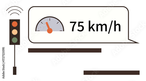 Speedometer with 75 kmh reading and traffic light emitting signals. Ideal for safety awareness, traffic management, speed control, urban planning, road safety education, smart city designs, simple