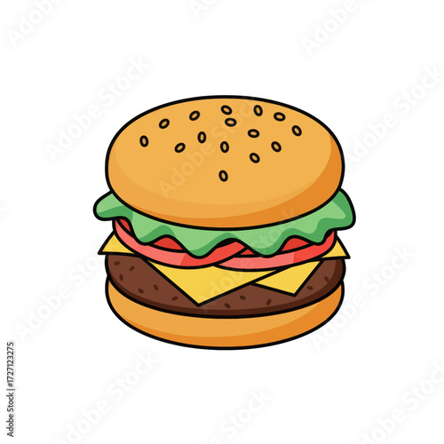 Delicious Cartoon Burger Vector Illustration - A Classic Fast Food Treat