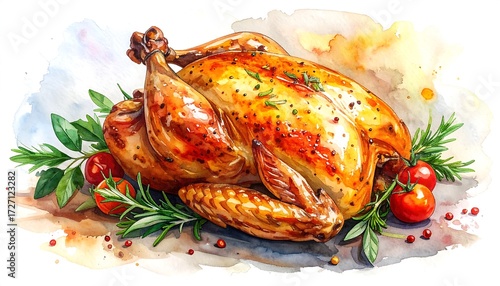 Watercolor illustration of roasted chicken