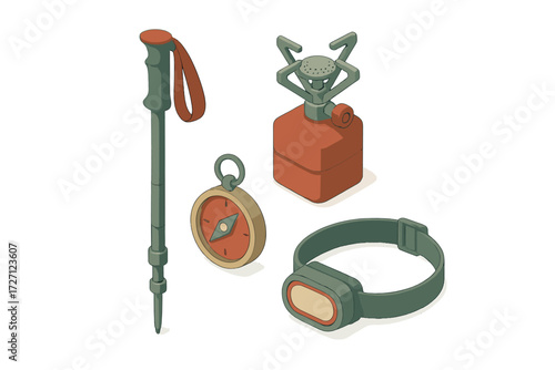 Camping gear collection including a compass, water bottle, watch, and hiking stick displayed on a simple background