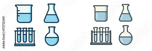 Different laboratory glassware used in science experiments with liquids and solutions displayed on a white background