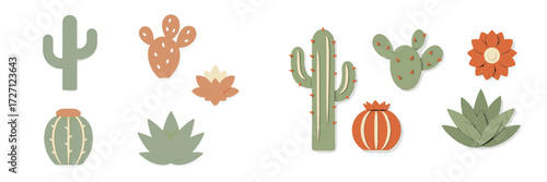Colorful collection of paper cutout cacti and succulents arranged creatively on a white background