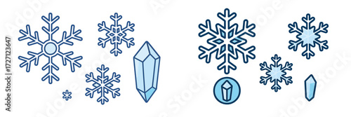 Various snowflakes and ice crystals illustrated in simple, colorful designs showing uniqueness and diversity