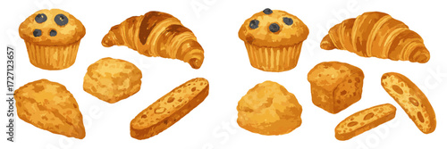 Selection of fresh baked pastries and muffins on a simple white background ready for enjoyment
