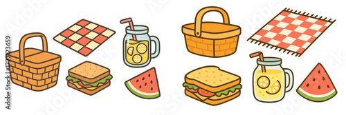 Baskets and delicious snacks set up for a fun outdoor picnic in the park with refreshments and cheerful decorations