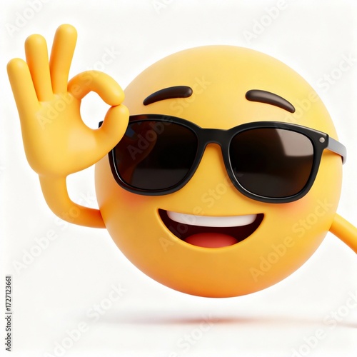 Happy yellow emoji with sunglasses giving an okay gesture in a bright, playful design
