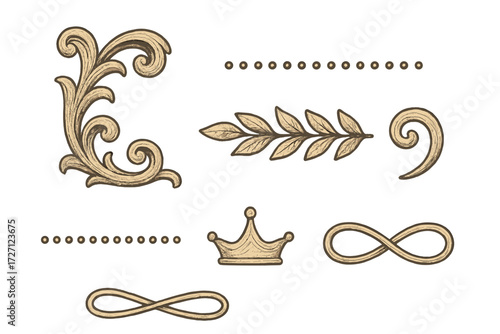 Elegant design elements featuring floral motifs, decorative lines, and symbols for creative projects and crafts
