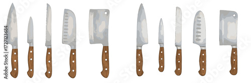 Different types of kitchen knives arranged for culinary tasks and meal preparation in a modern kitchen setting