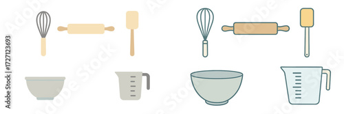 Kitchen tools and utensils displayed in a simple layout for cooking and baking tasks