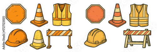 Construction safety gear set featuring helmets, vests, cones, and barriers for site protection