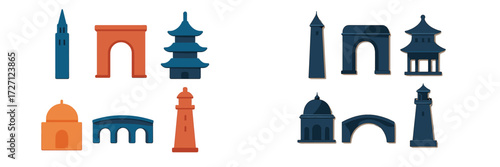 Colorful paper cutouts of various famous buildings and structures in unique shapes and designs for creative projects and educational purposes