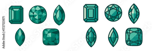 Various styles of emerald gemstones displayed in different cuts and shapes suitable for jewelry design