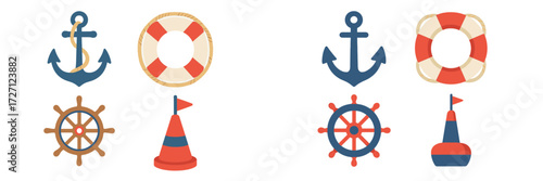 Nautical symbols featuring anchors, life buoys, and steering wheels in a colorful display for marine themes