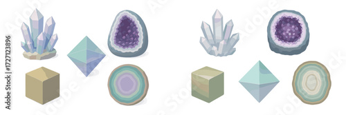 Colorful mineral and crystal collection with various shapes and textures displayed artfully on a plain background