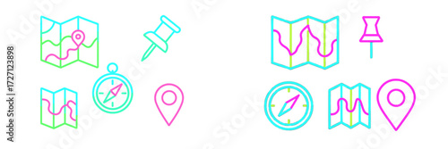 Various colorful map icons featuring navigation, locations, and direction symbols in bright pastel colors