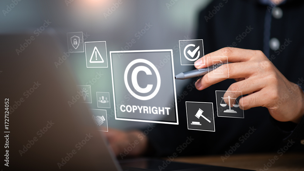 Naklejka premium Concept of copyright and intellectual property protection with digital icons, symbolizing creative rights, legal compliance, innovation security, copyright symbol, business agreement, idea ownership