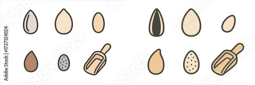Different types of seeds and scoops arranged in a simple design for a crafting project or educational purposes