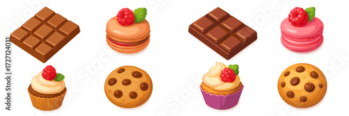 Delightful assortment of desserts featuring chocolate, macarons, and cookies in vibrant colors