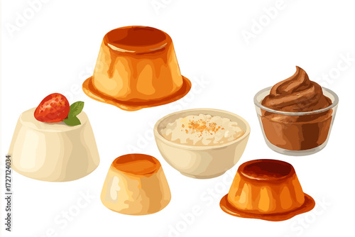 Colorful desserts displayed on a white background featuring pudding, rice, and chocolate mousse with strawberry garnish
