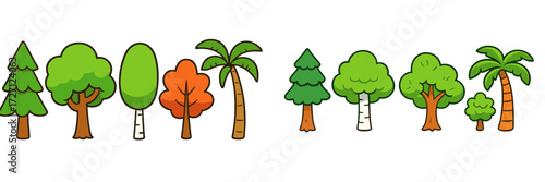 Colorful cartoon trees in various shapes and sizes lined up in a vibrant and playful forest setting