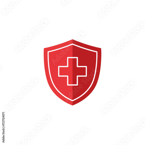 Red shield with white cross, vector illustration representing healthcare and protection symbol